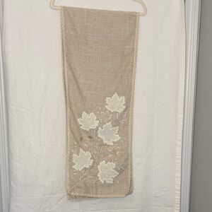 Embroidered Beige Linen Table Runner with Cream Leaf Accents, 14”x68”